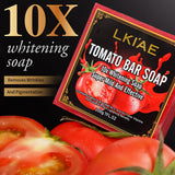 LKIAE Tomato Whitening Bar Soap packaging close-up with tomatoes on a dark background.