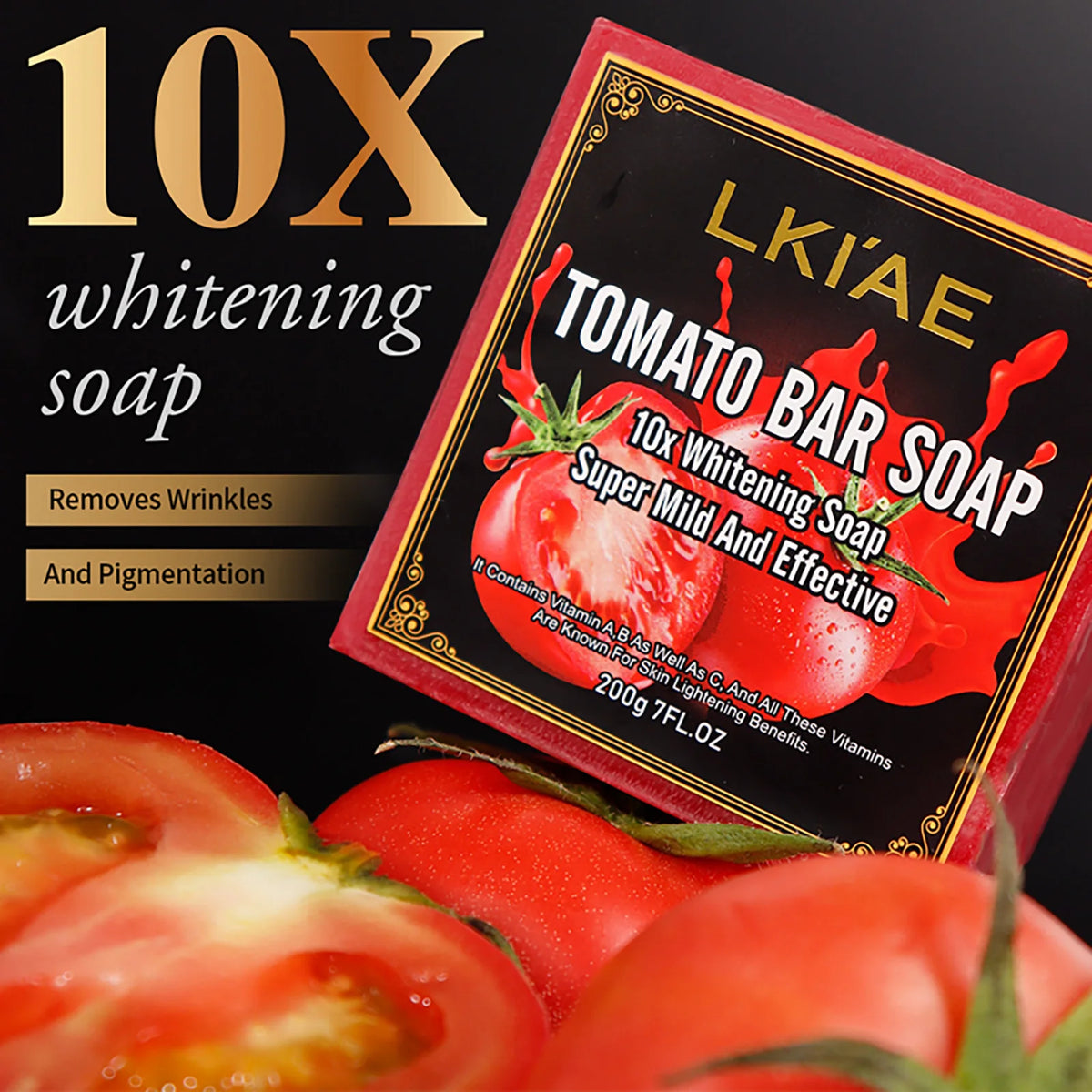 LKIAE Tomato Whitening Bar Soap packaging close-up with tomatoes on a dark background.