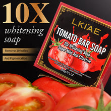 LKIAE Tomato Whitening Bar Soap packaging close-up with tomatoes on a dark background.