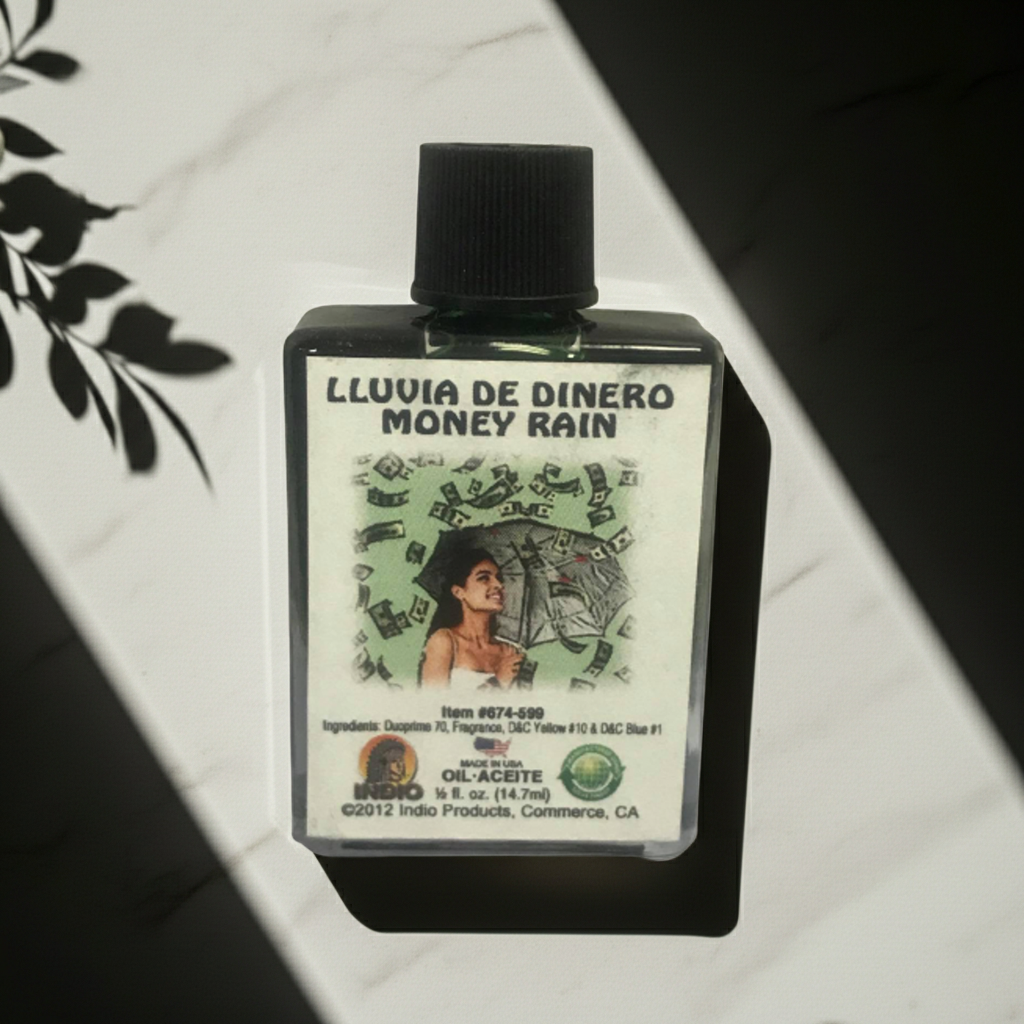Lluvia De Dinero wish oil bottle for money drawing, wealth intention setting, and spiritual prosperity practice.