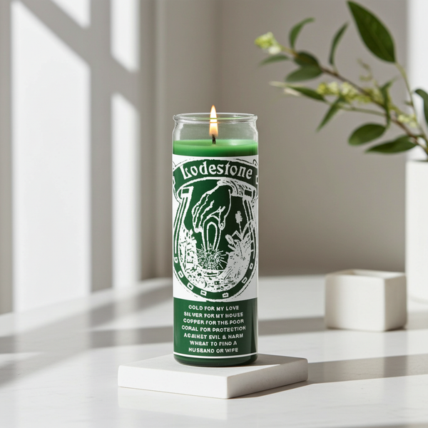 Lodestone green 1 color 7 day candle glass candle for spiritual work, ritual focus, and intention setting.