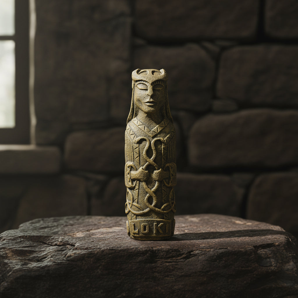 Loki volcanic stone statue front view