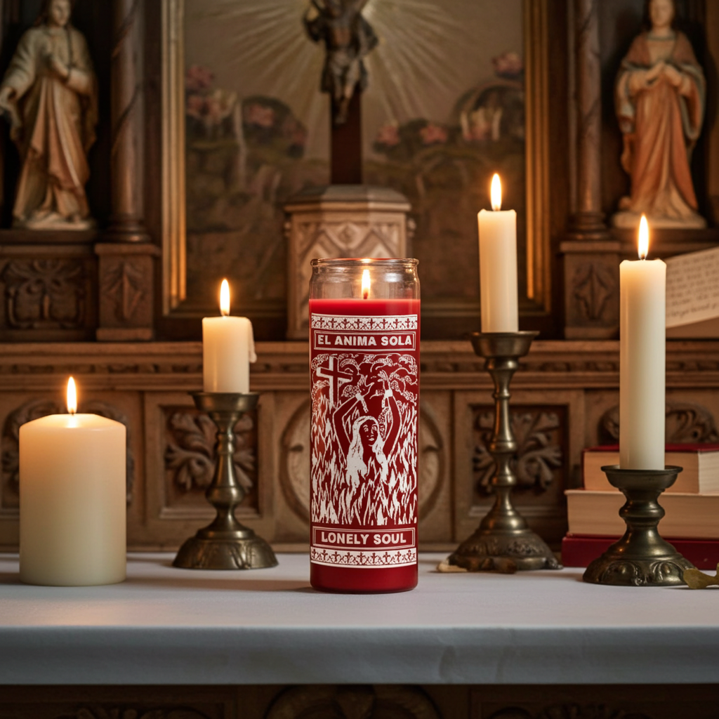 Lonely Soul 7 day red candle in tall glass for ritual use, altar prayer, and spiritual practice.
