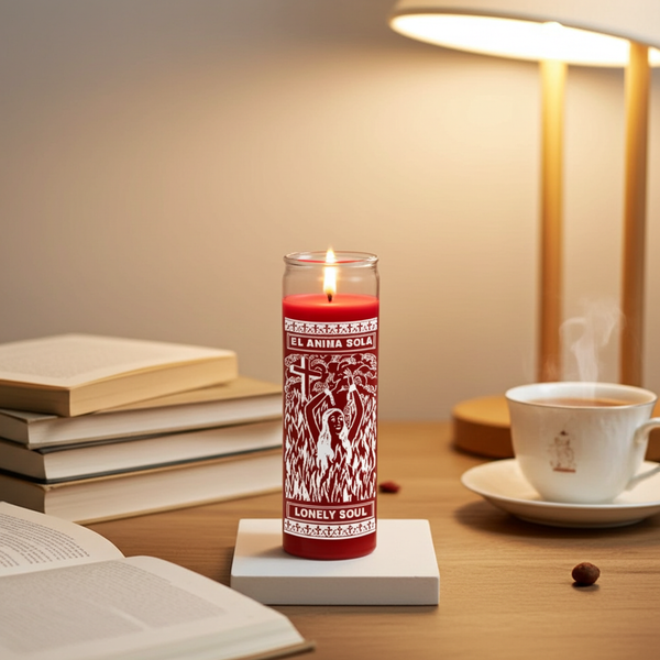 Lonely Soul red 7 day candle in glass jar for spiritual work, prayer, and devotional use.