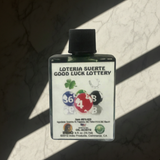 Loteria Suerte lottery oil bottle for good luck, gambling intention work, and wish-focused spiritual use.