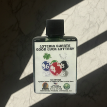 Loteria Suerte lottery oil bottle for good luck, gambling intention work, and wish-focused spiritual use.
