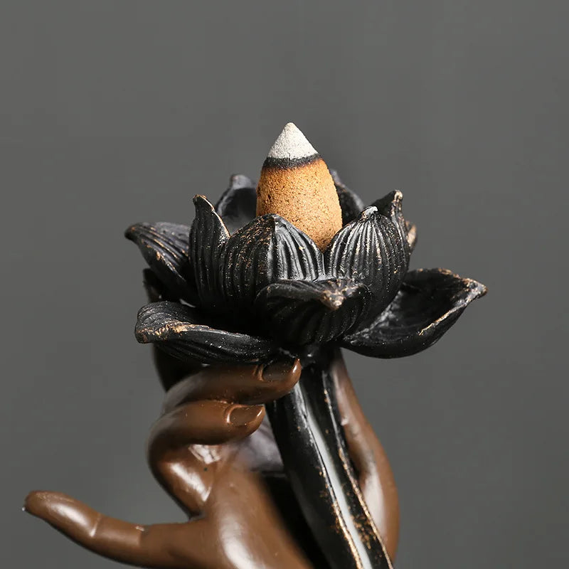Lotus Buddha backflow incense burner ceramic holder for yoga spaces, mindfulness practice, and calming room decor.
