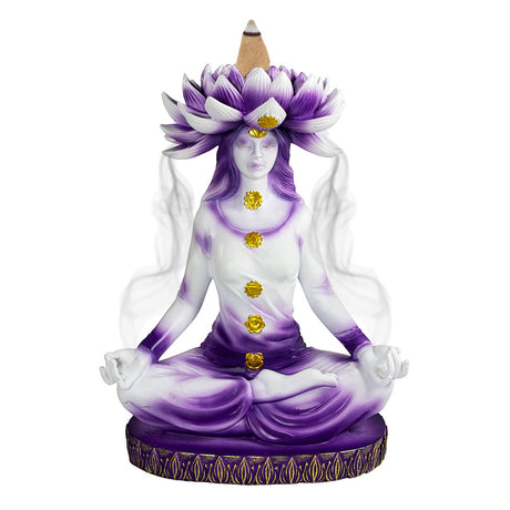 Lotus Chakra Goddess backflow incense burner with smoke