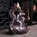 Lotus Dragon Ceramic Backflow Incense Burner ceramic incense holder for cascading smoke display, meditation, and relaxation use.