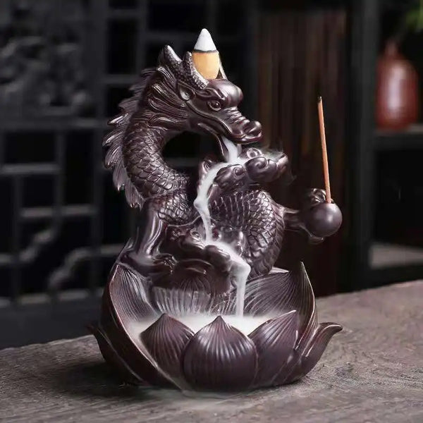 Lotus Dragon Ceramic Backflow Incense Burner ceramic incense holder for cascading smoke display, meditation, and relaxation use.