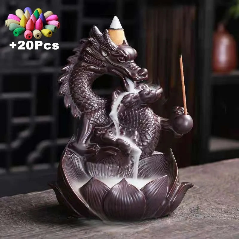 Lotus Dragon Ceramic Backflow Incense Burner ceramic incense burner for soothing fragrance, meditation decor, and tranquil indoor use.