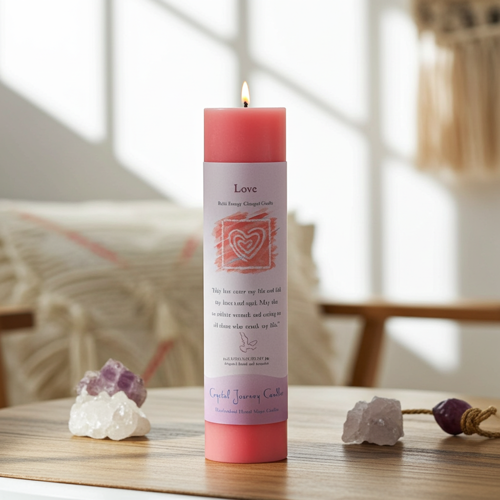 Love Reiki Herbal Pillar Candle herbal pillar candle for romantic intention setting, energy healing, and relationship rituals.