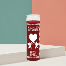 Love Spell red glass jar candle for romantic intention setting, altar work, and spiritual candle burning.