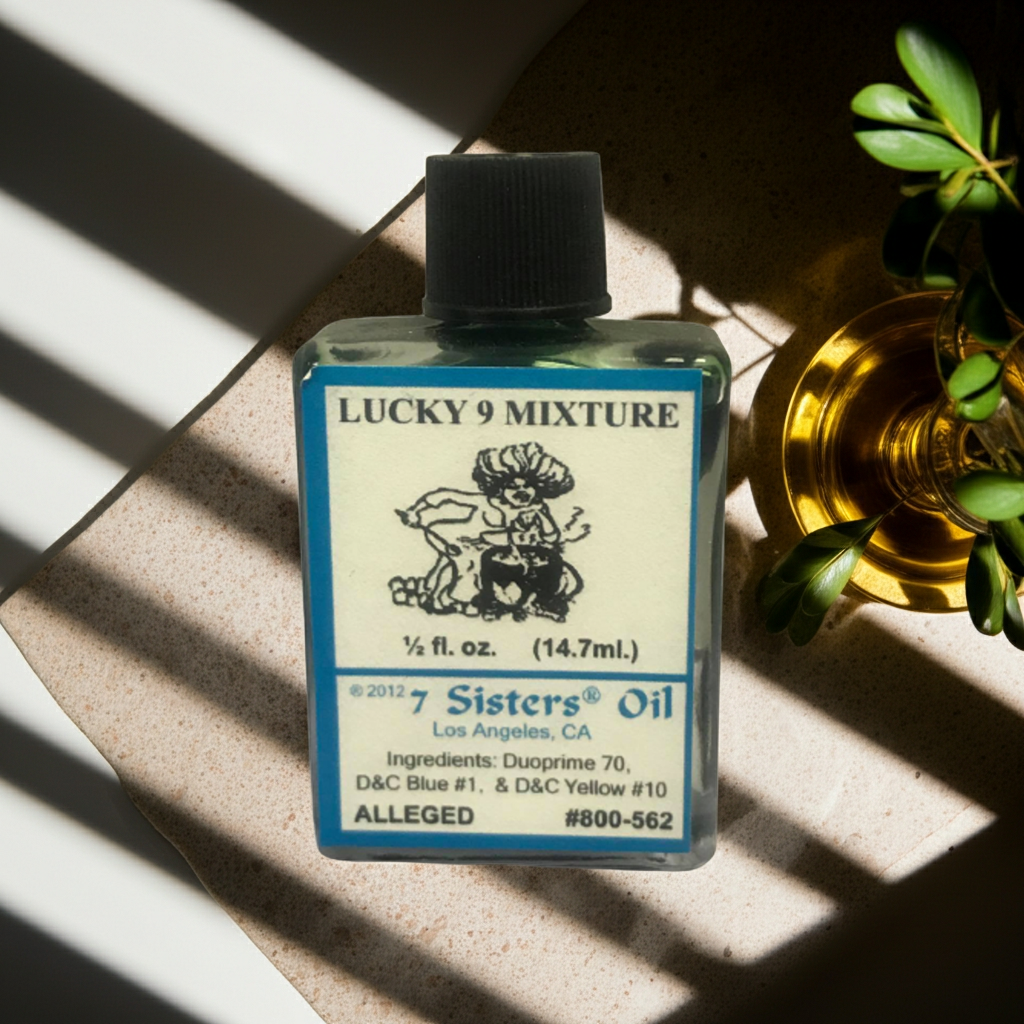 Lucky 9 Mixture Wish Oil bottle for wish fulfillment, candle dressing, and ritual application.