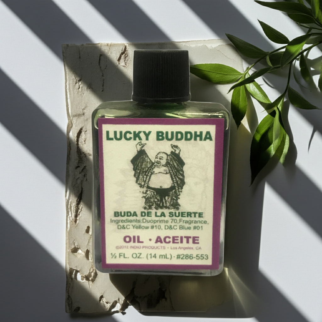 Lucky Buddha Wish Oil ritual oil bottle for manifestation, meditation, and spiritual intention use.