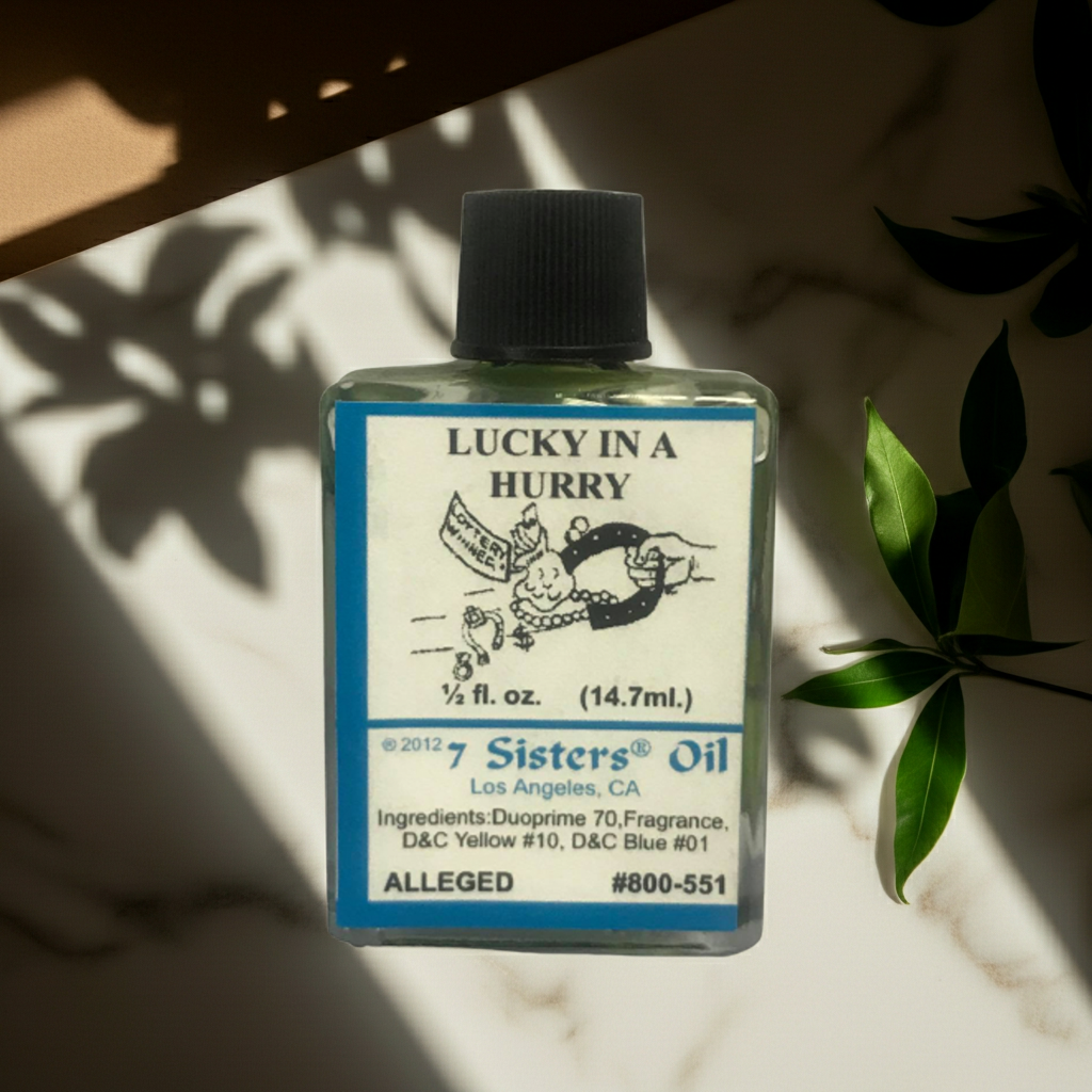 Lucky In A Hurry Wish Oil anointing oil bottle for prayer, good fortune work, and spiritual practice.