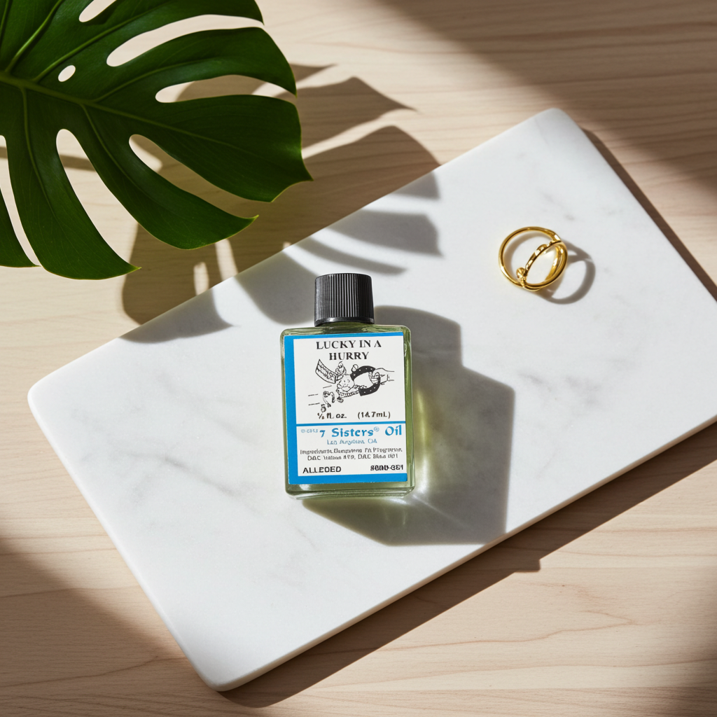 Lucky In A Hurry Wish Oil spiritual oil bottle for fast luck, intention setting, and candle ritual use.