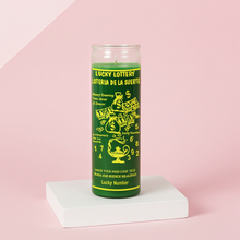 Lucky Lottery green 1 color 7 day candle in glass jar for prosperity rituals, lottery luck, and spiritual candle work.
