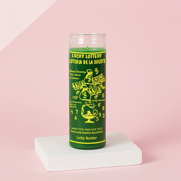 Lucky Lottery green 1 color 7 day candle in glass jar for prosperity rituals, lottery luck, and spiritual candle work.