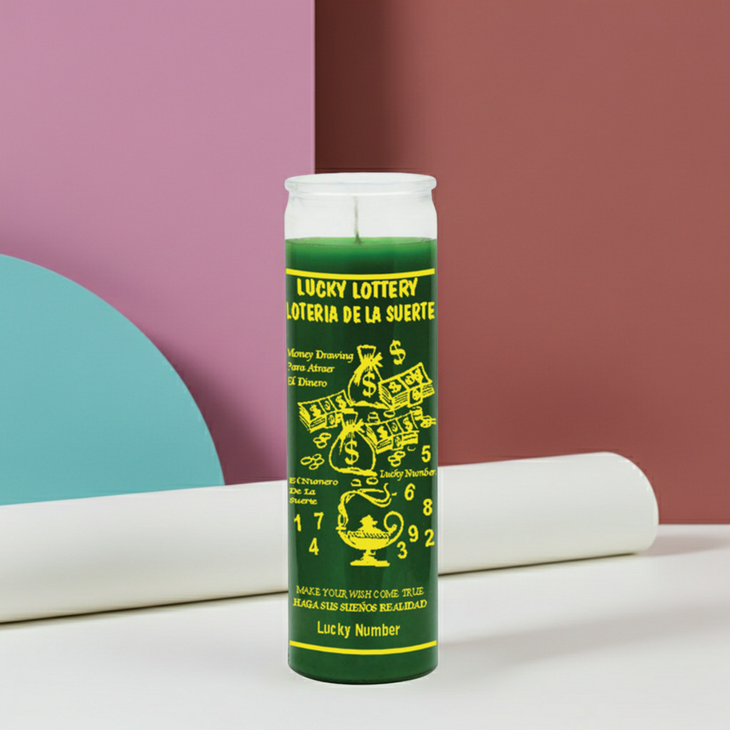Lucky Lottery green prayer candle in glass container for luck rituals, number attraction, and devotional use.