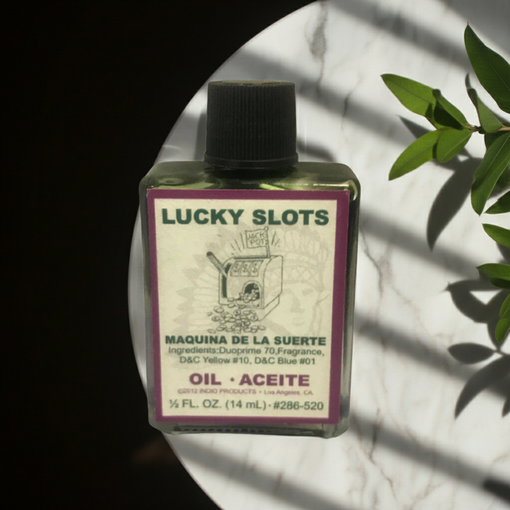 Lucky Slots Wish Oil bottle for slot machine luck, wish setting, and spiritual practice.