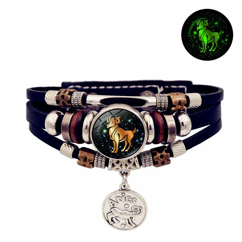 Luminous Zodiac leather bracelet for astrology-inspired fashion styling, daily wristwear, and unisex accessory use.