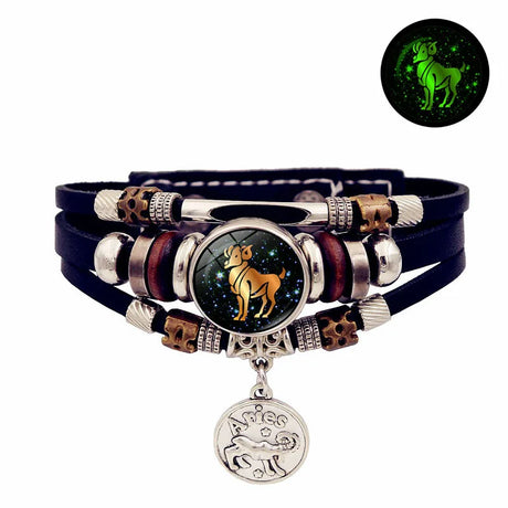 Luminous Zodiac leather bracelet for astrology-inspired fashion styling, daily wristwear, and unisex accessory use.