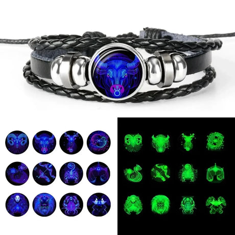 Luminous Zodiac Sign Leather Charm Bracelet with leather band and zodiac charms for casual accessorizing and personal star sign fashion.