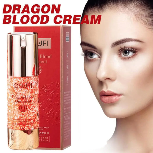 LUXURYTO Dragon Blood Moisturizing Face Cream jar and packaging with model's face on white background.
