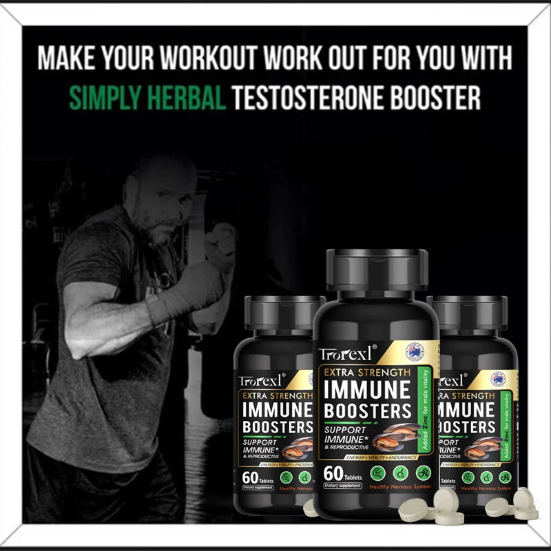 Maca Ginseng Testosterone Booster bottle for herbal energy support, daily vitality care, and supplement routine use.