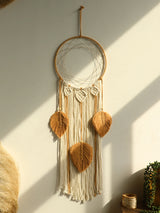 Macrame feather leaf dream catcher hanging for spiritual room decor, bedroom wall styling, and peaceful boho interiors.
