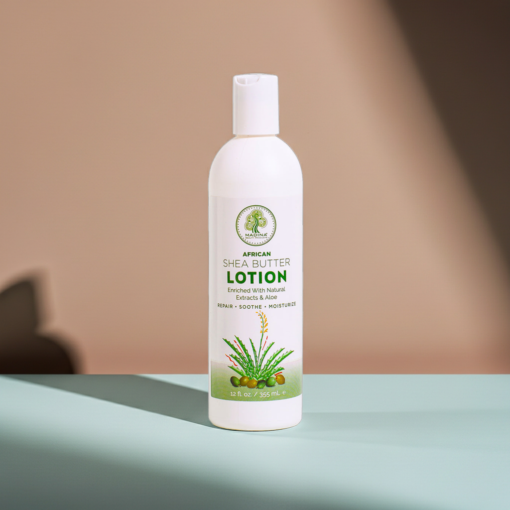 Madina African Shea Butter body lotion bottle for nourishing skin, restoring moisture, and everyday skincare use.