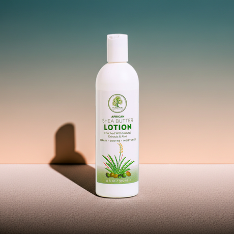 Madina African Shea Butter Lotion bottle for moisturizing dry skin, softening rough areas, and daily body care.