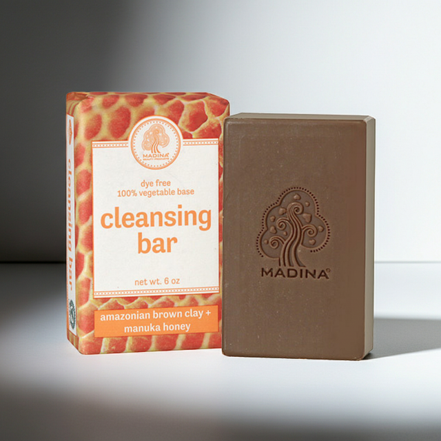 Bar of Madina Amazonian Brown Clay and Manuka Honey Cleansing Bar Soap displayed for skincare, cleansing, and daily bath use.