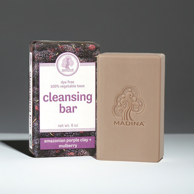 Bar of Madina Amazonian Purple Clay and Mulberry Cleansing Bar Soap displayed for skincare, cleansing, and daily bath use.