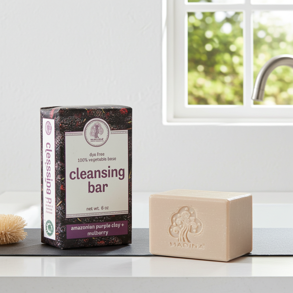 Madina Amazonian Purple Clay and Mulberry soap bar shown for gentle cleansing and skincare.