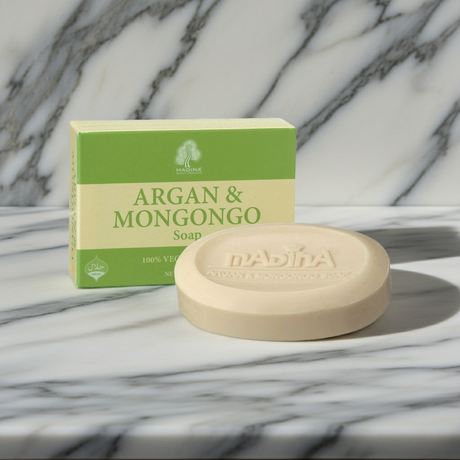 Bar of Madina Argan Mongongo Natural Soap displayed for cleansing, skincare, and daily bath use.
