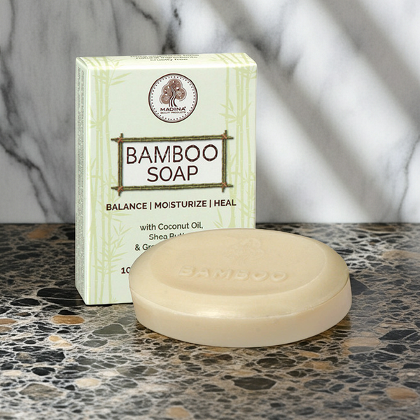 Madina Bamboo Bar Soap for daily cleansing, gentle skin care, and nourishing bath use.