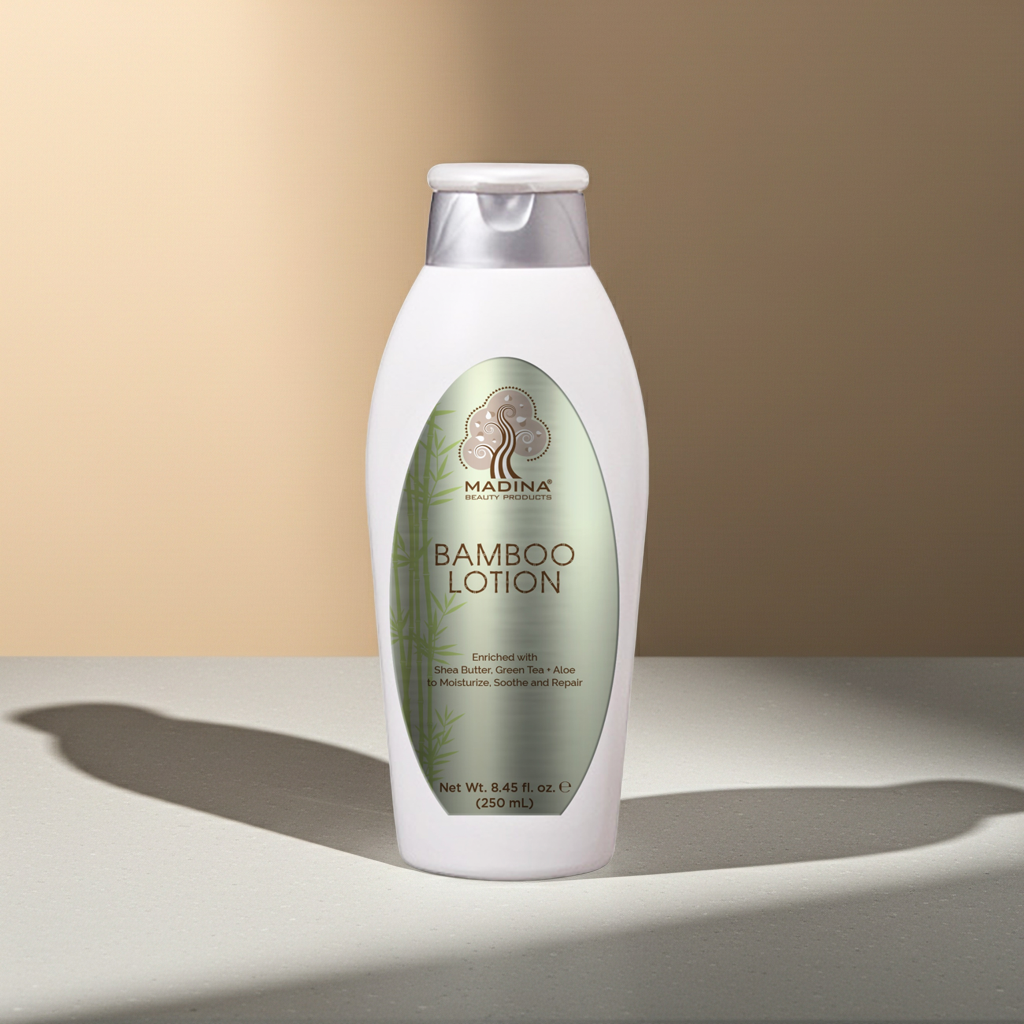 Madina Bamboo body lotion bottle for hydrating the skin, improving softness, and regular skincare use.