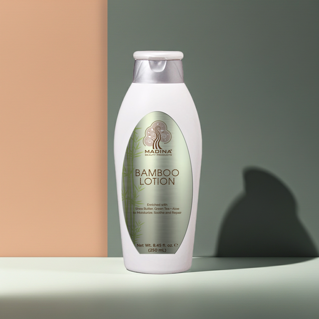 Madina Bamboo Lotion bottle for daily skin moisturizing, softening dry skin, and everyday body care.