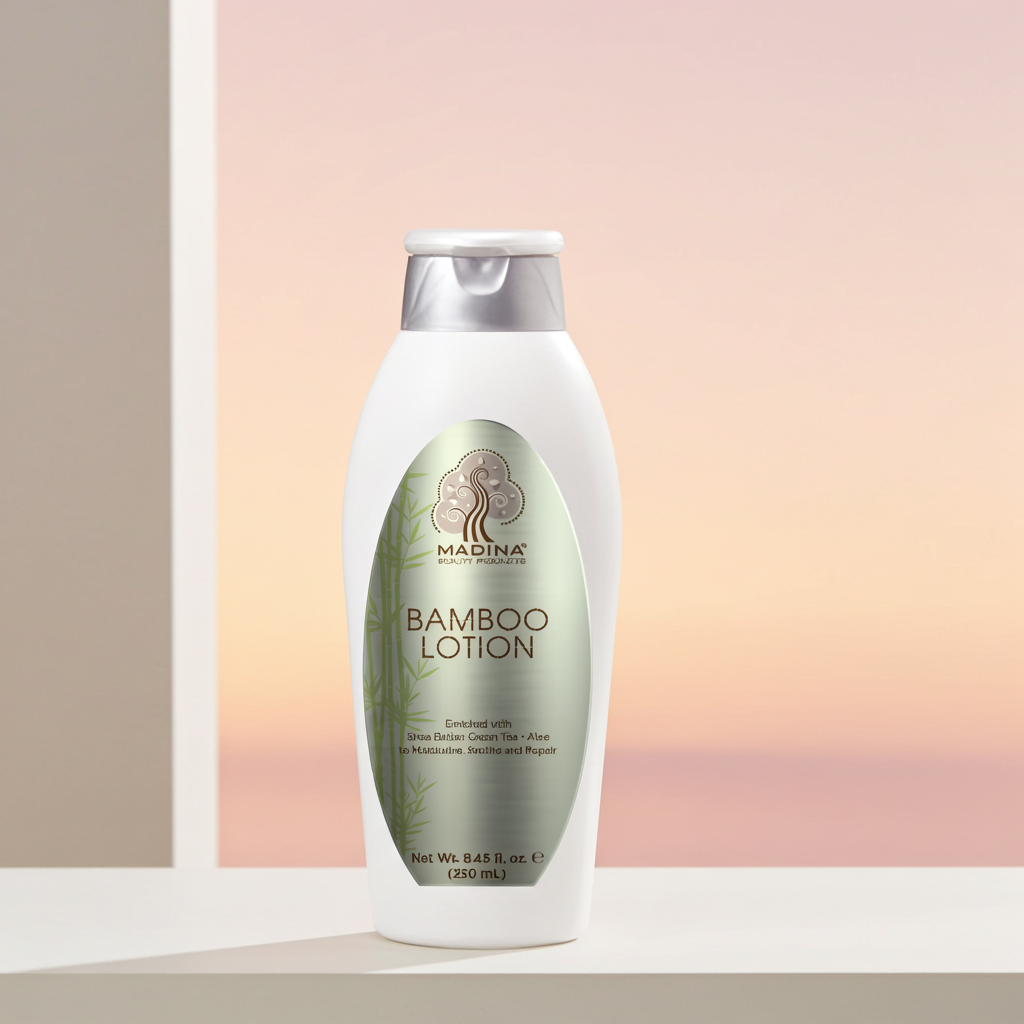 Madina Bamboo moisturizing lotion bottle for nourishing the skin, maintaining moisture, and everyday body lotion use.