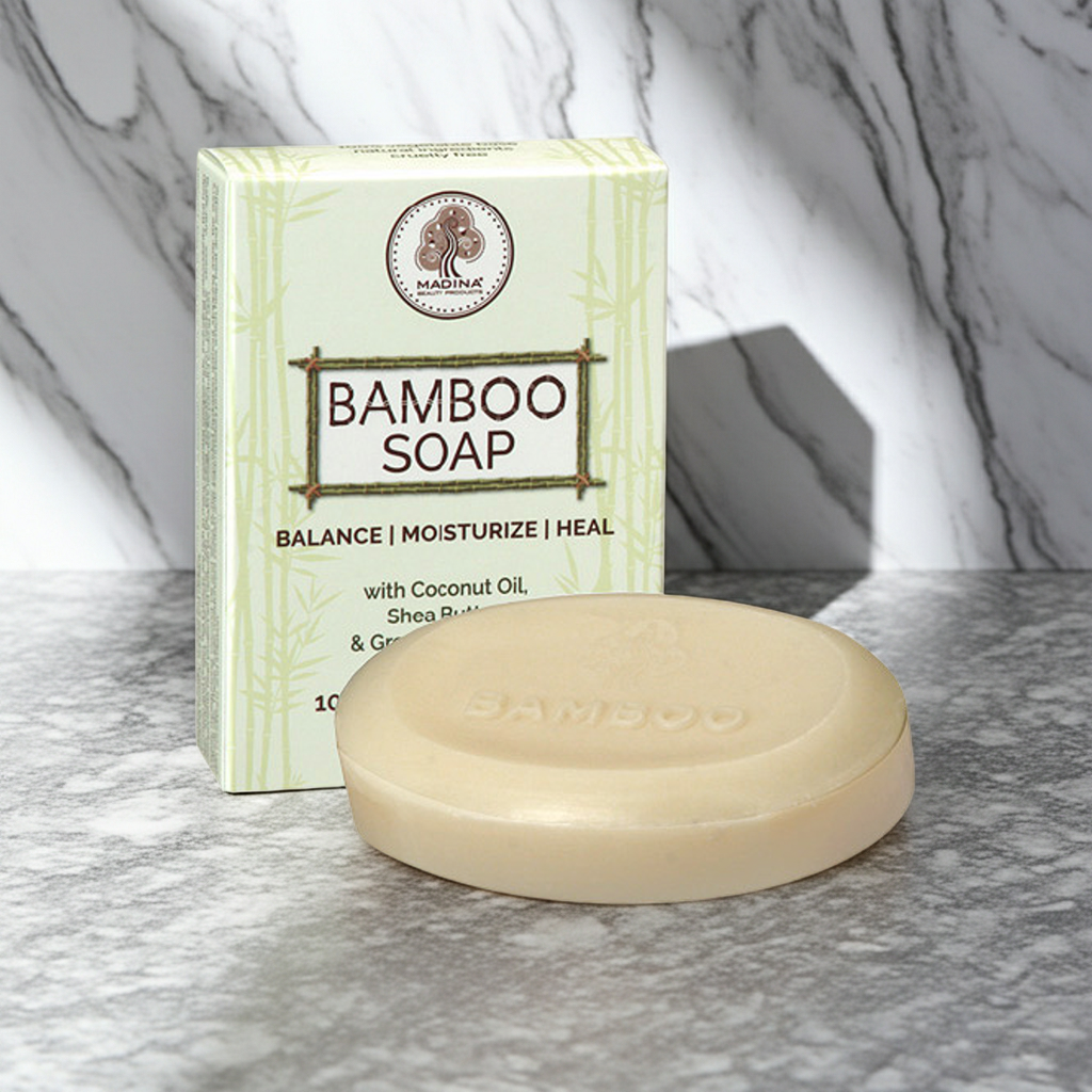 Madina Bamboo soap bar shown for gentle cleansing and everyday skin care.