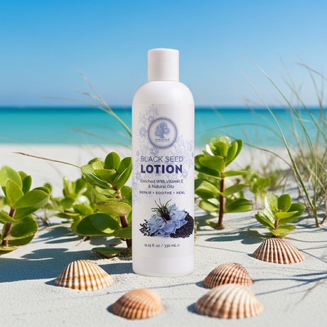 Madina Black Seed body lotion bottle for hydrating the skin, improving softness, and regular skincare use.