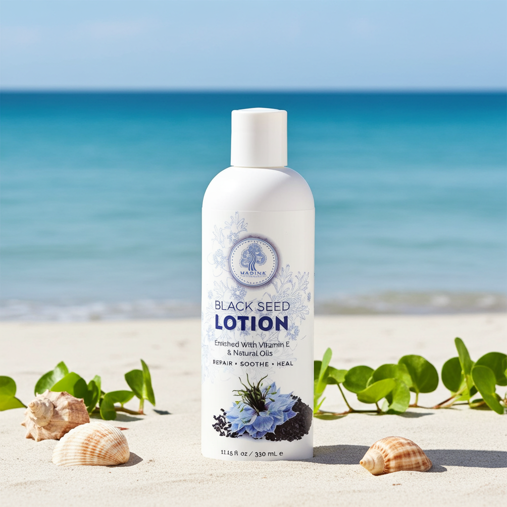 Madina Black Seed moisturizing lotion bottle for nourishing the skin, maintaining moisture, and everyday body lotion use.