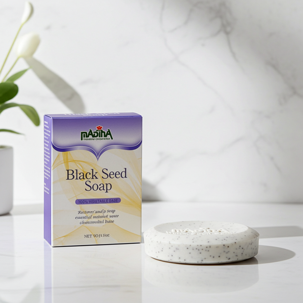 Madina Black Seed Soap bar for daily cleansing, bathing, and refreshing the skin.