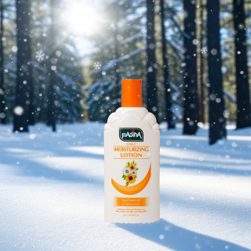 Madina Sunflower Chamomile Moisturizing Lotion bottle for replenishing moisture, smoothing skin texture, and daily body care.