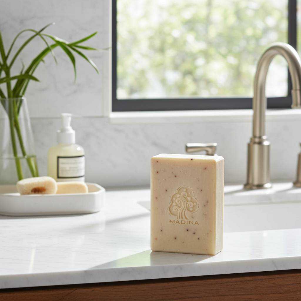 Madina Brown Clay and Cranberry Seed Oil soap bar for face and body cleansing, skincare, and everyday bathing.