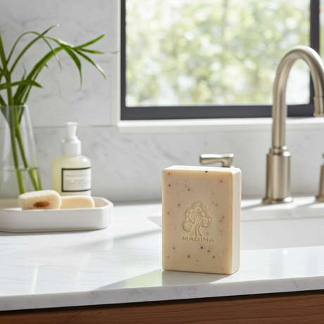 Madina Brown Clay and Cranberry Seed Oil soap bar for face and body cleansing, skincare, and everyday bathing.