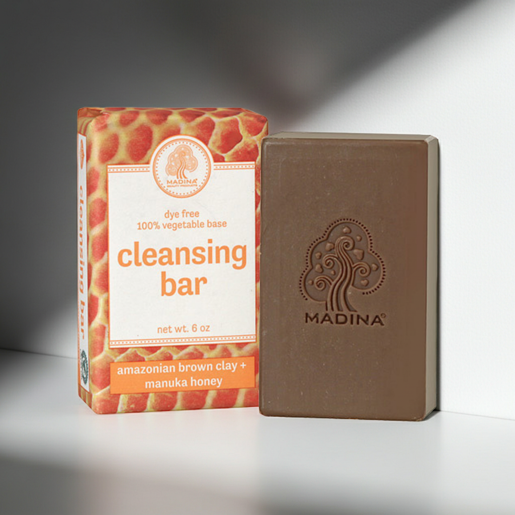 Madina Amazonian Brown Clay and Manuka Honey cleansing bar soap presented for bathing and daily skin care.