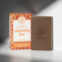 Madina Amazonian Brown Clay and Manuka Honey cleansing bar soap presented for bathing and daily skin care.